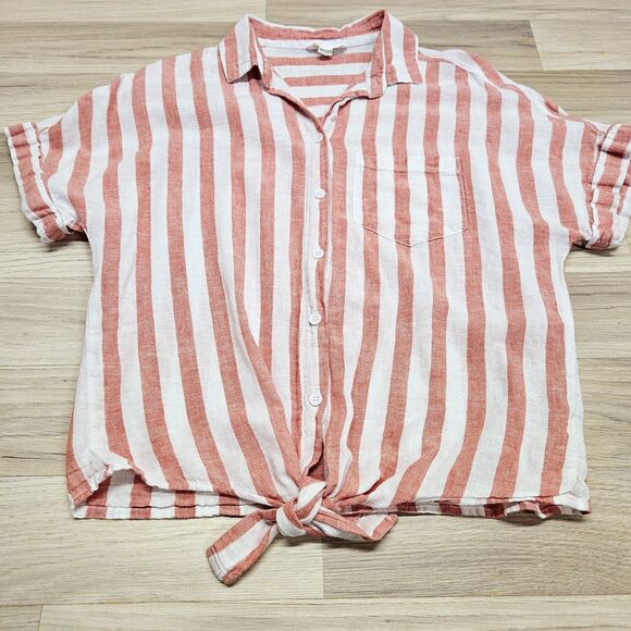 Beach Lunch Lounge Womens White Pink Stripe Button Down Linen Shirt Size XS Knot - Picture 2 of 7